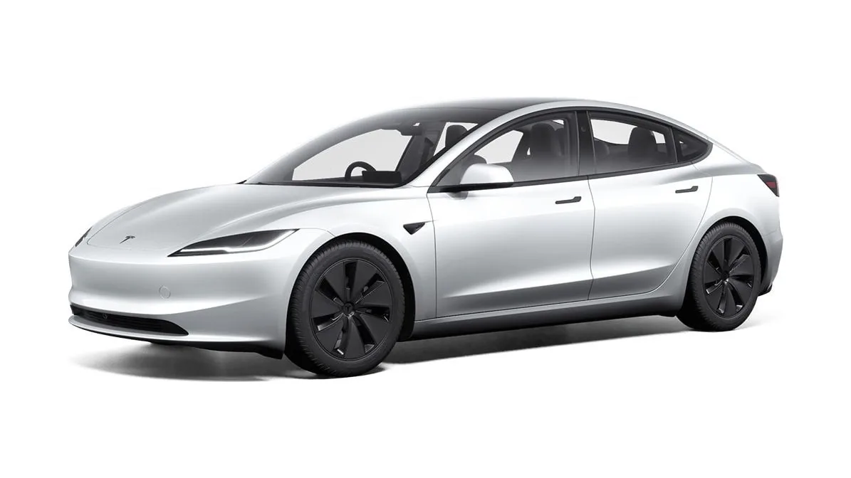 White Tesla Model 3, front three-quarter view